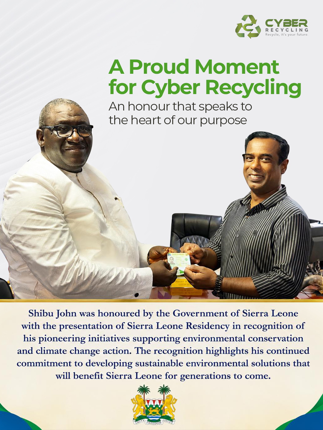 Shibu John honoured with Sierra Leone Residency